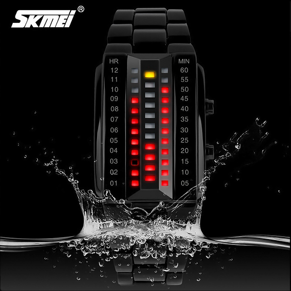 SKMEI - Cool Stainless Steel Binary LED Watch - Red/Black