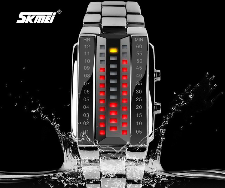 SKMEI - Cool Stainless Steel Binary LED Watch - Red/Silver