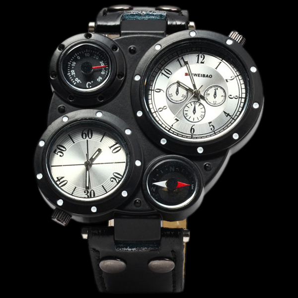 SHIWEIBAO: Cool Watch w/ Two Time Zones, Compass & Leather Strap