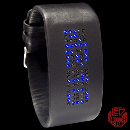 MATRIX CUFF - DIGITAL LED WATCH:  BLACK LEATHER / Blue