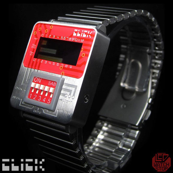 CLICK: DIP-Switch Cool LCD Watch - Silver/Red W Fabric Strap
